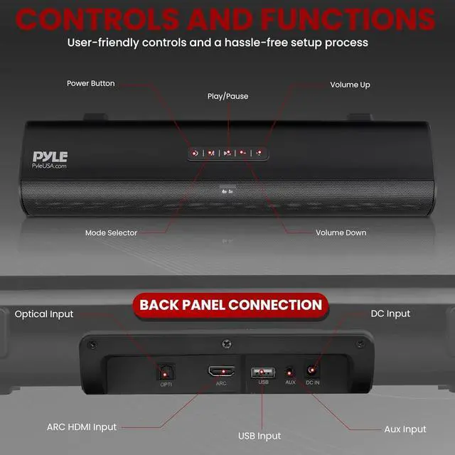 Alt view image 2 of 3 - Pyle 2-Channel Tabletop Soundbar Digital Speaker System - Digital Amplifier with DSP Streaming Tabletop Stand Mount TV Digital System with AUX/Optical In/USB In/HDMI (ARC), LED Display