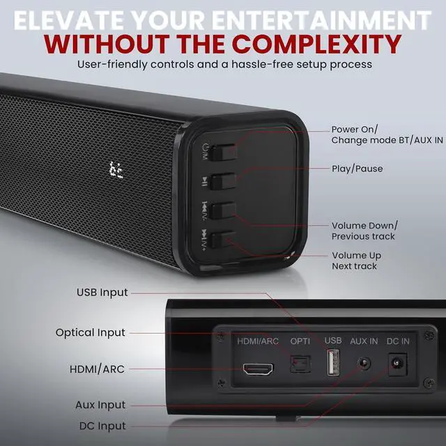 Alt view image 2 of 5 - Pyle Home Theater Soundbar Speaker - Wave Base Streaming Tabletop Stand Mount TV Digital System with AUX/Digital Optical Audio Connector Jacks/USB Port, HDMI /ARC, Full Sound Reproduction