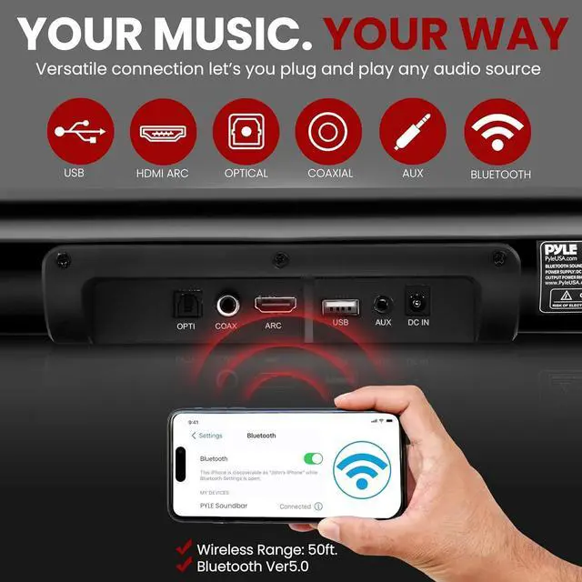 Alt view image 5 of 5 - Pyle 2.1 Tabletop Soundbar Digital Speaker System w/Bluetooth- Digital Amplifier with DSP Streaming Tabletop Stand Mount TV Digital System with AUX/Optical in/USB in/HDMI (ARC)/Coaxial, LED Display