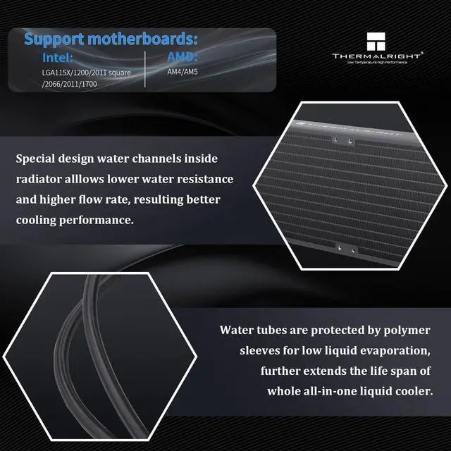 Alt view image 3 of 5 - Thermalright Frozen Edge 240 Black CPU Water Cooler with PWM Fans, Pump Speed is 3300RPM,S-FDB Bearing, for AMD AM4/AM5,Intel LGA1150/1155/1200/1700/2011(FE240 Black)