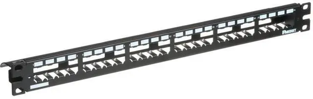 Main image of Panduit CP24WSBLY 24-Port Mini-Com All Metal Shielded Patch Panel with Strain Relief Bar, 1RU