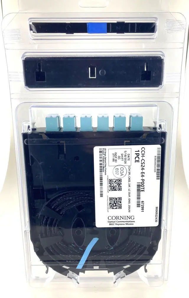 Main image of Corning CCH-CS24-E4-P00TE Pigtailed Splice Cassette, 24 Fiber, LC PC Duplex 50um Multimode (OM3), Single-Fiber (250 um)