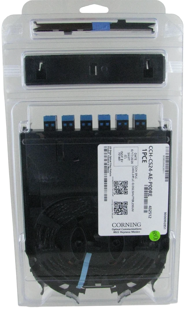 Main image of Corning CCH-CS24-AE-P00RE Pigtailed Splice Cassette, 24 Fiber, LC UPC Polish, Duplex Shuttered Singlemode OS2