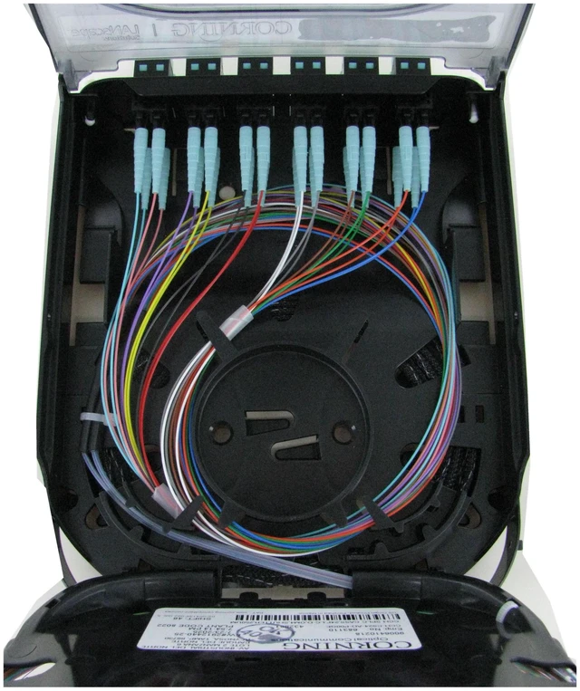 Alt view image 7 of 7 - Corning CCH-CS24-AD-P00QE Pigtailed Splice Cassette, 24 Fiber, LC Duplex Shuttered 50um Multimode OM4