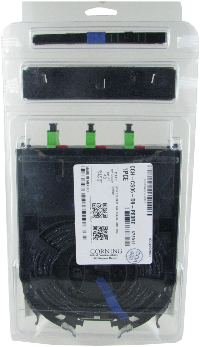Main image of Corning CCH-CS06-D9-P00RE Closet Connector Housing Pigtail Splice Cassette, 6 Fiber, SC APC Duplex Singlemode (OS2), Single-Fiber (250 um)