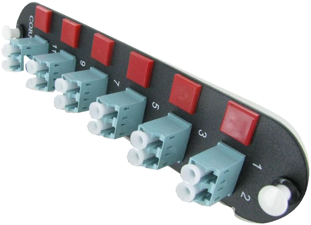 Alt view image 4 of 8 - Corning CCH-CP12-E4 Fiber Optic Patch Panel with 6 LC Duplex 10Gig Aqua OM3/OM4 Multimode 50um Adapters