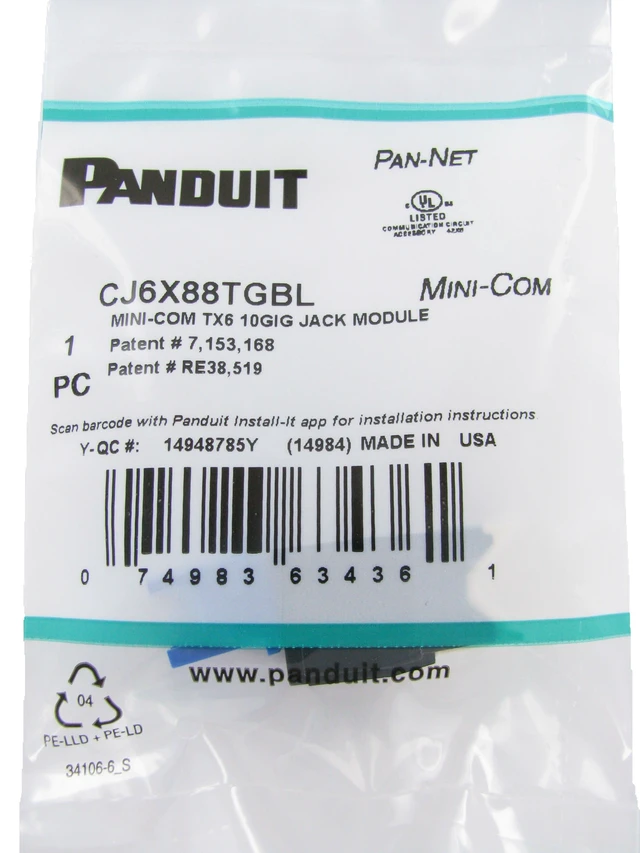 Alt view image 3 of 7 - Panduit CJ6X88TGBL-50 Mini-Com TX6A Cat6A RJ45 Ethernet Jack Module, 10Gbps UTP Unshielded, Black, 50-Pack