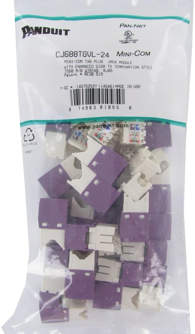Alt view image 5 of 7 - Panduit CJ688TGVL-24 Mini-Com TX6 Plus Cat6 RJ45 Ethernet Jack Module, UTP Unshielded, Violet, 24-Pack