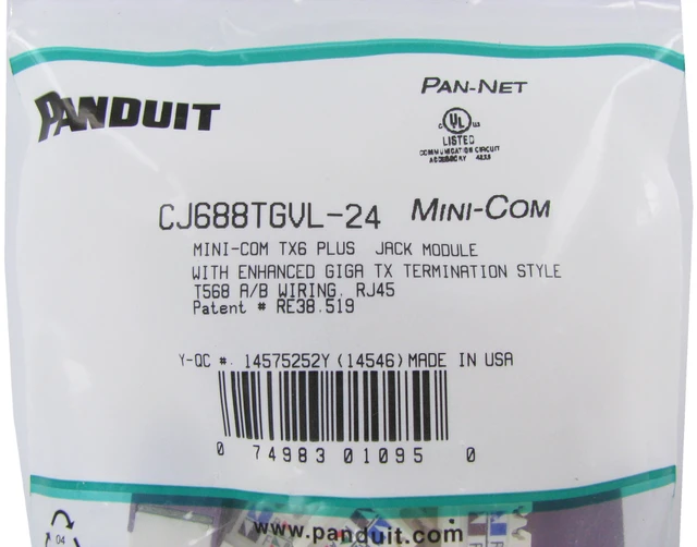 Alt view image 6 of 7 - Panduit CJ688TGVL-24 Mini-Com TX6 Plus Cat6 RJ45 Ethernet Jack Module, UTP Unshielded, Violet, 24-Pack
