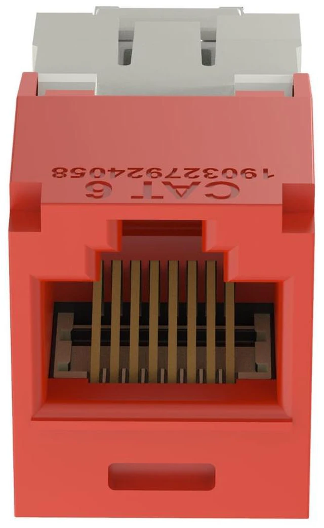 Main image of Panduit CJ688TGRD-50 Mini-Com TX6 Plus Cat6 RJ45 Ethernet Jack Module, UTP Unshielded, Red, 50-Pack