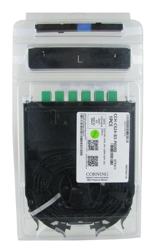 Main image of Corning CCH-CS24-B3-P00RE Closet Connector Housing Fiber Optic Splice Cassette, 24 Fiber, LC Duplex Singlemode (OS2), Single-Fiber (250 um), APC Polish