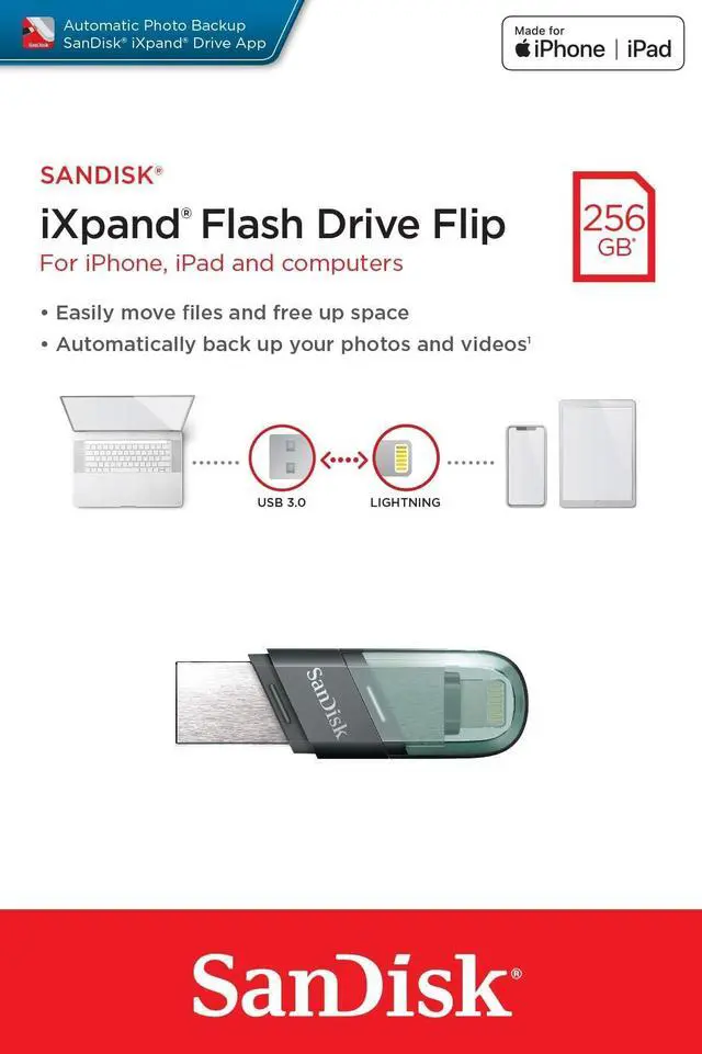 Alt view image 11 of 15 - SanDisk SDIX90N-256G-GN6NE MAI 256GB USB 3.1 Lightning iXpand Flash Drive Flip Silver/Blue