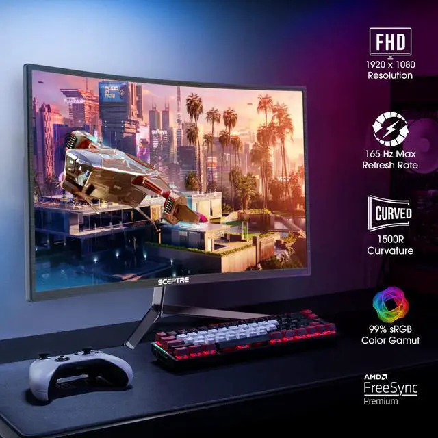 Alt view image 6 of 19 - Sceptre 24-inch Curved Gaming Monitor 1080p up to 165Hz DisplayPort HDMI 99% sRGB, AMD FreeSync Build-in Speakers Machine Black (C248B-FWT168)