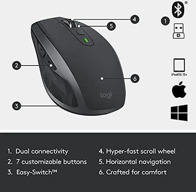 Alt view image 12 of 15 - Logitech MX Anywhere 2S Mouse - Darkfield - Wireless - Bluetooth - Yes - USB - 4000 dpi - Scroll Wheel - 7 Button(s)