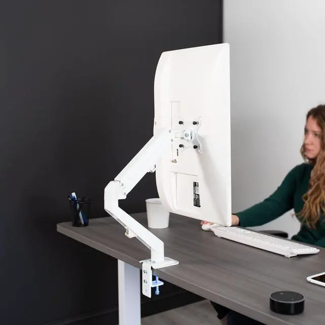 Alt view image 8 of 14 - VIVO White Articulating Single Pneumatic Spring Arm Clamp-on Desk Mount Stand | Fits 1 Monitor 17" to 27" (STAND-V101OW)