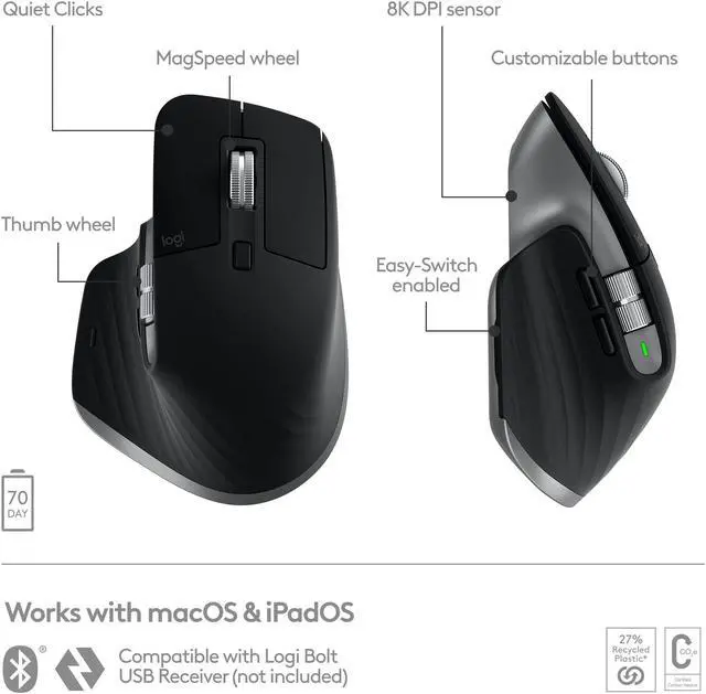 Alt view image 12 of 20 - Logitech MX Master 3S Wireless Mouse for Mac (Space Gray)