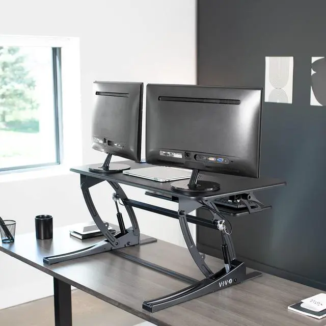 Alt view image 12 of 14 - VIVO Black Height Adjustable Stand up Desk Converter | 36" Sit to Stand Tabletop Monitor Riser (DESK-V000V)