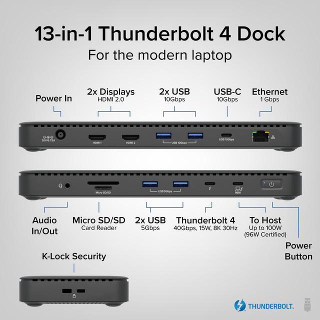 Alt view image 14 of 15 - Plugable Thunderbolt 4 Dock with 100W Charging, Thunderbolt Certified, Laptop Docking Station Dual Monitor Single 8K or Dual 4K HDMI for Windows and Mac, 4X USB, Gigabit Ethernet (TBT4-UD5)