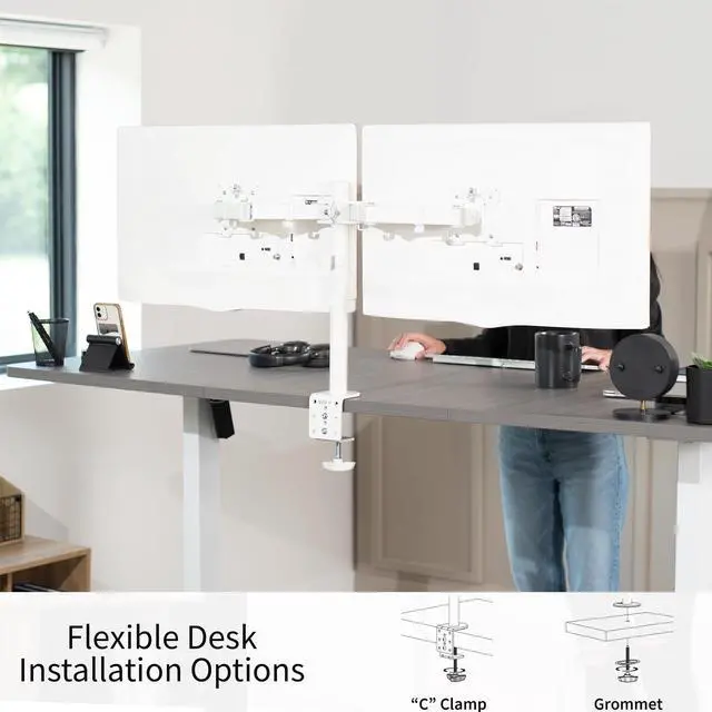 Alt view image 9 of 12 - VIVO White Dual LCD Monitor Desk Mount Stand, Heavy Duty Fully Adjustable, Fits 2 Screens up to 32" (STAND-V032W)