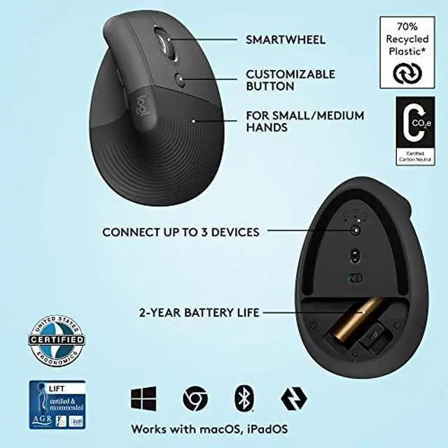Alt view image 8 of 9 - Logitech Lift Vertical Ergonomic Mouse, Wireless, Bluetooth or Logi Bolt USB receiver, Quiet clicks, 4 buttons, compatible with Windows/macOS/iPadOS, Laptop, PC - Graphite