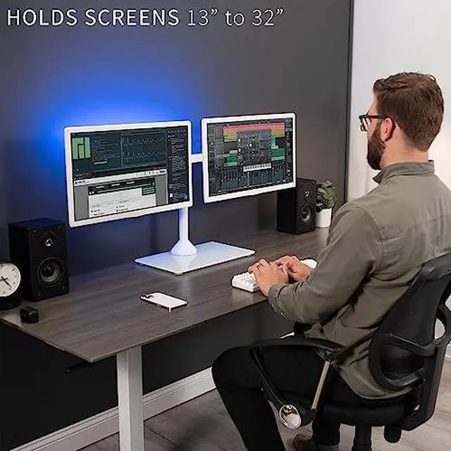 Alt view image 14 of 14 - VIVO White Dual Monitor Stand Adjustable Mount w/ Freestanding Glass Base for Two Screens up to 32" (STAND-V002FGW)