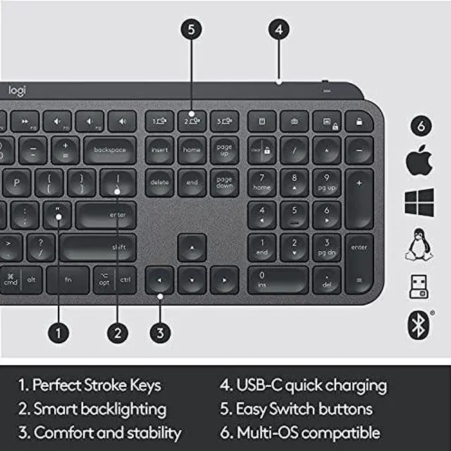 Alt view image 7 of 10 - Logitech MX Keys Advanced Wireless Illuminated Keyboard, Tactile Responsive Typing, Backlighting, Bluetooth, USB-C, Apple macOS, Microsoft Windows, Linux, iOS, Android, Metal Build - Graphite