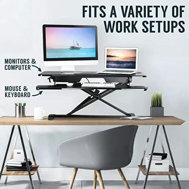 Alt view image 6 of 14 - Standing Desk Converter Computer Table: Stand Up Desk Riser - Sit Stand Desk - 37" Wide Dual Monitor Desktop for Standing Desks - Height Adjustable Desk Workstation Converts to a Standup Desk - White