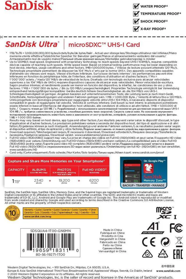 Alt view image 7 of 13 - SanDisk 1TB Ultra microSDXC A1 UHS-I/U1 Class 10 Memory Card without Adapter, Speed Up to 120MB/s (SDSQUA4-1T00-GN6MN)