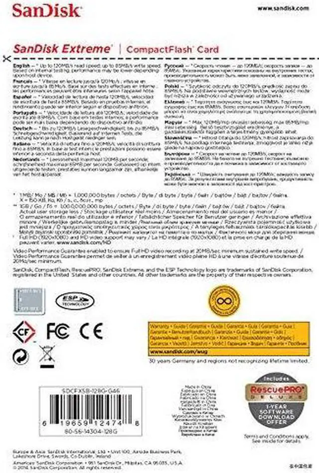 Alt view image 16 of 20 - SanDisk 128GB Compact Flash (CF) Flash Card Model SDCFXSB-128G-G46