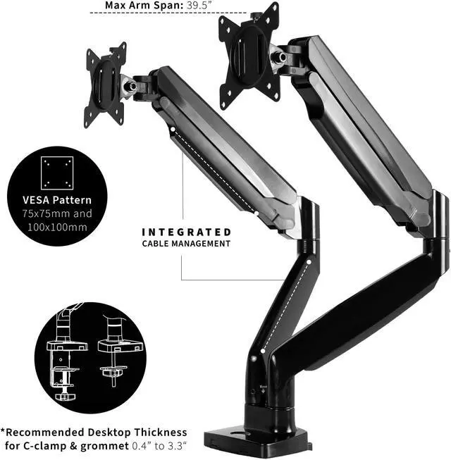 Alt view image 10 of 15 - VIVO Black Heavy Duty Dual Ultrawide Monitor Desk Mount Stand with Pneumatic Spring Arms, Fits Screens up to 35"