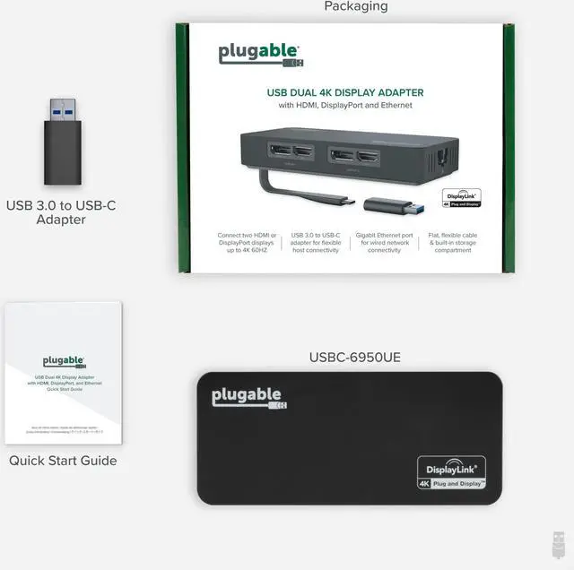 Alt view image 11 of 15 - Plugable 4K DisplayPort and HDMI Dual Monitor Adapter with Ethernet for USB 3.0 and USB-C, Compatible with Windows and Mac