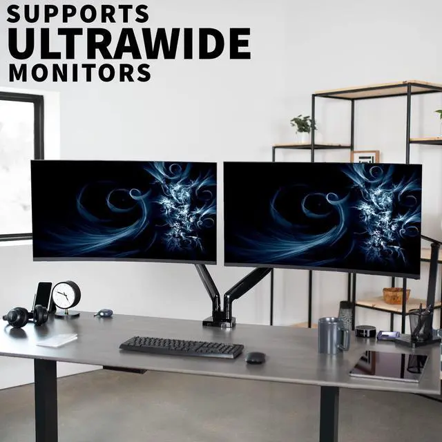 Alt view image 11 of 15 - VIVO Black Heavy Duty Dual Ultrawide Monitor Desk Mount Stand with Pneumatic Spring Arms, Fits Screens up to 35"