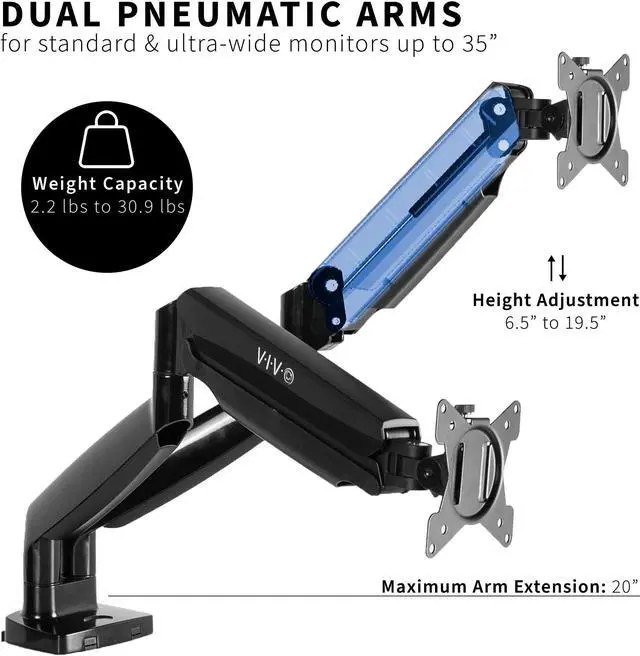 Alt view image 13 of 15 - VIVO Black Heavy Duty Dual Ultrawide Monitor Desk Mount Stand with Pneumatic Spring Arms, Fits Screens up to 35"