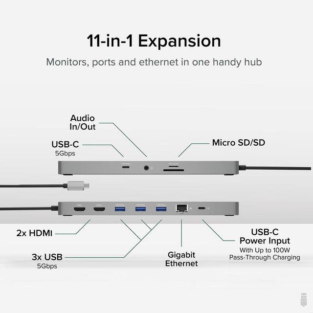 Alt view image 14 of 15 - Plugable 11-in-1 USB-C Docking Station, 100W Pass-through Charging, Dual Monitor with 4K 60Hz HDMI, Compatible with Thunderbolt, USB-C Windows, Chromebooks, Displays Mirrored on Mac