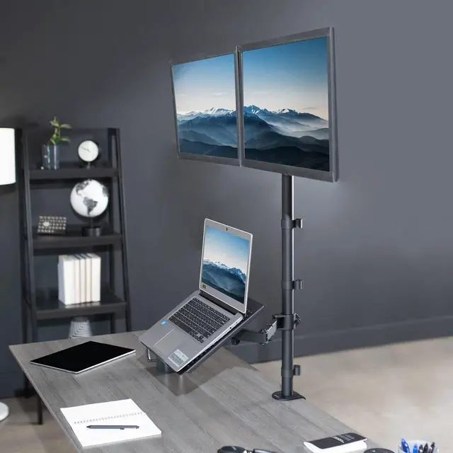 Alt view image 9 of 15 - VIVO Dual 13" to 27" Monitor Mount with Laptop Holder, Tall Adjustable Stand