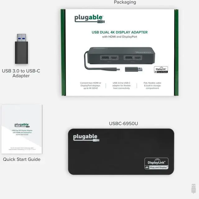 Alt view image 10 of 15 - Plugable 4K DisplayPort and HDMI Dual Monitor Adapter for USB 3.0 and USB-C, Compatible with Windows and Mac