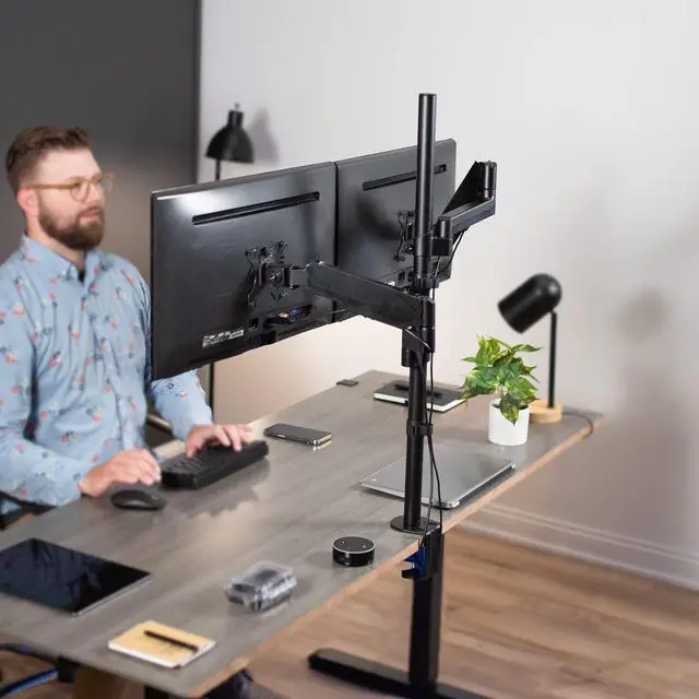 Alt view image 9 of 14 - VIVO Extra Tall Dual 17" to 32" Monitor Pneumatic Spring Sit-Stand Desk Mount, Fully Articulating Stand (STAND-V012K)