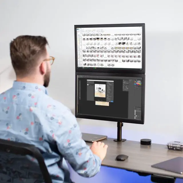 Alt view image 12 of 14 - VIVO Extra Tall Dual 17" to 32" Monitor Pneumatic Spring Sit-Stand Desk Mount, Fully Articulating Stand (STAND-V012K)