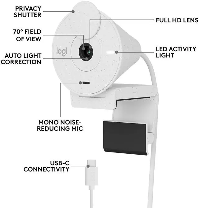 Alt view image 6 of 9 - Logitech Brio 300 Full HD Webcam with Privacy Shutter, Noise Reduction Microphone, USB-C, certified for Zoom, Microsoft Teams, Google Meet, Auto Light Correction, off White