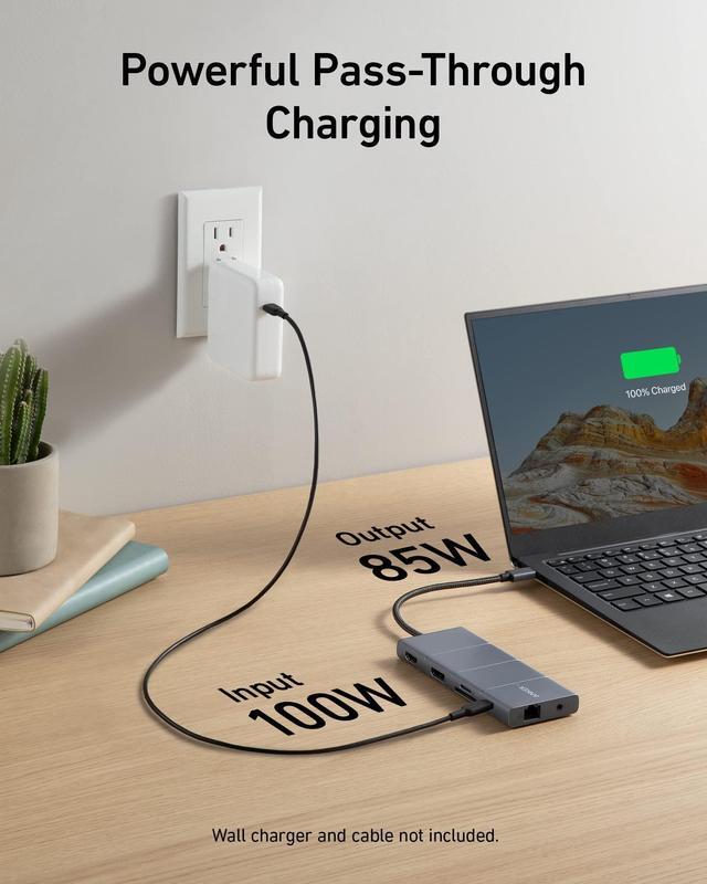 Alt view image 8 of 12 - Anker 565 11-in-1 USB C Hub, 10 Gbps USB-C and USB-A Data Ports, 4K HDMI and DisplayPort, 100W Power Delivery, 2 USB 2.0 Data Ports, Ethernet, AUX, microSD and SD Card Slots, for XPS and More