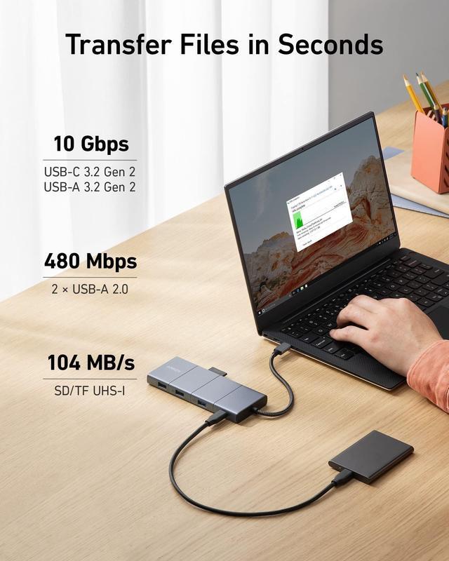 Alt view image 11 of 12 - Anker 565 11-in-1 USB C Hub, 10 Gbps USB-C and USB-A Data Ports, 4K HDMI and DisplayPort, 100W Power Delivery, 2 USB 2.0 Data Ports, Ethernet, AUX, microSD and SD Card Slots, for XPS and More
