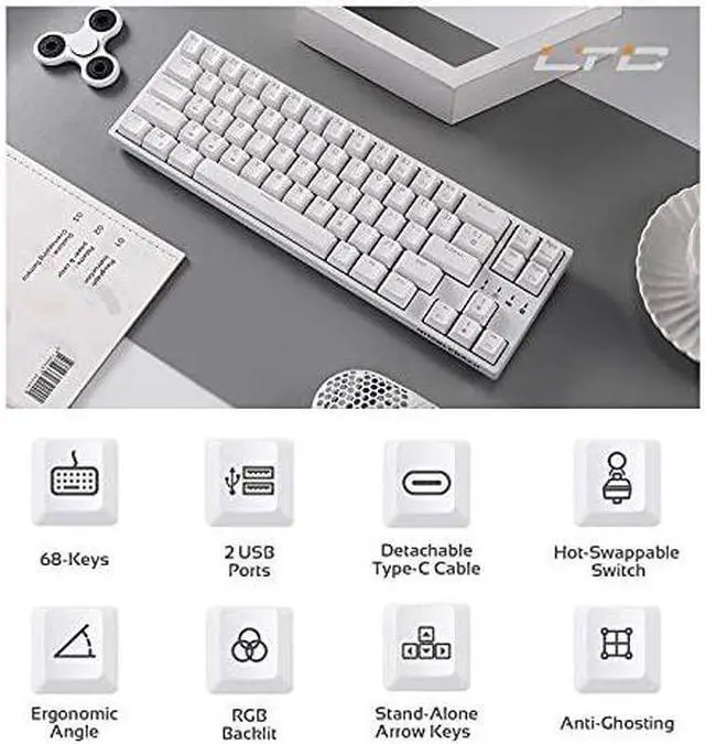Alt view image 11 of 14 - LTC NB681 Nimbleback Wired 65% Mechanical Keyboard, RGB Backlit Ultra-Compact 68 Keys Gaming Keyboard w/ Hot-Swappable Switch and Stand-Alone Arrow/Control Keys (Hot Swappable  Brown Switch White)