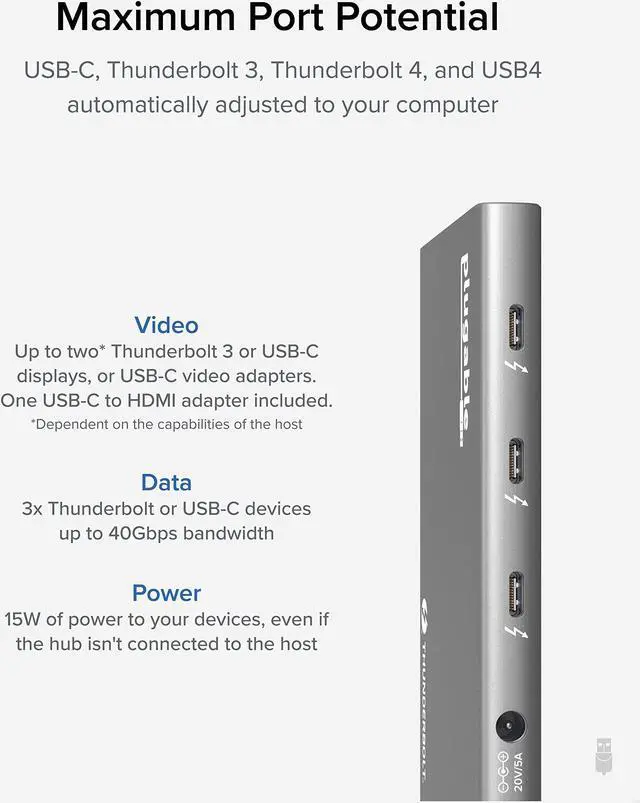 Alt view image 14 of 20 - Plugable 5-in-1 Thunderbolt 4 Hub with 60W Charging, Single 8K or Dual 4K Display, Compatible with Thunderbolt / USB4 Macs and Thunderbolt 4 / USB4 Windows (1x USB-C to HDMI Adapter), Driverless