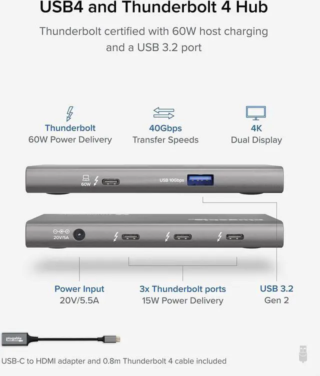 Alt view image 15 of 20 - Plugable 5-in-1 Thunderbolt 4 Hub with 60W Charging, Single 8K or Dual 4K Display, Compatible with Thunderbolt / USB4 Macs and Thunderbolt 4 / USB4 Windows (1x USB-C to HDMI Adapter), Driverless