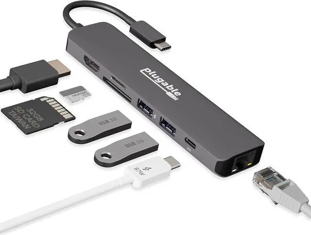 Alt view image 16 of 20 - Plugable 7-in-1 USB C Hub Multiport Adapter with Ethernet - Compatible with Mac, Windows, Chromebook, Dell XPS and Thunderbolt 3 (100W Charging, Gigabit Ethernet, 4K HDMI, 2x USB, SD/microSD)