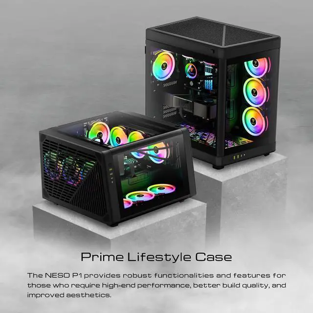 Alt view image 9 of 15 - Gamdias NESO P1, Black, Panoramic Tempered Glass ATX, Dual Chamber, Trapezoid Shaped