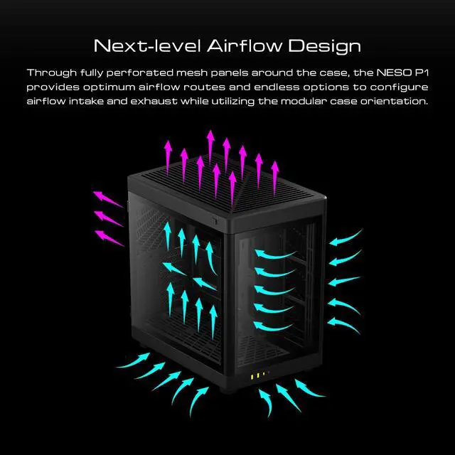 Alt view image 11 of 15 - Gamdias NESO P1, Black, Panoramic Tempered Glass ATX, Dual Chamber, Trapezoid Shaped