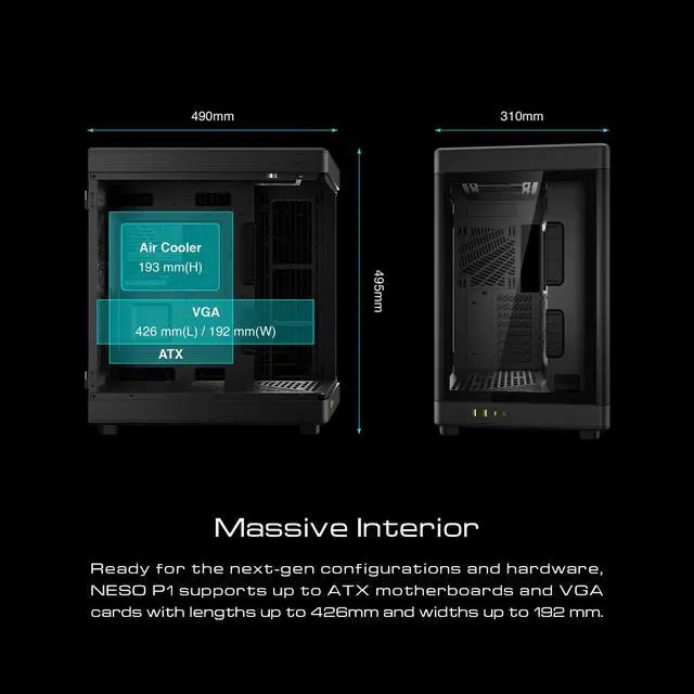 Alt view image 12 of 15 - Gamdias NESO P1, Black, Panoramic Tempered Glass ATX, Dual Chamber, Trapezoid Shaped