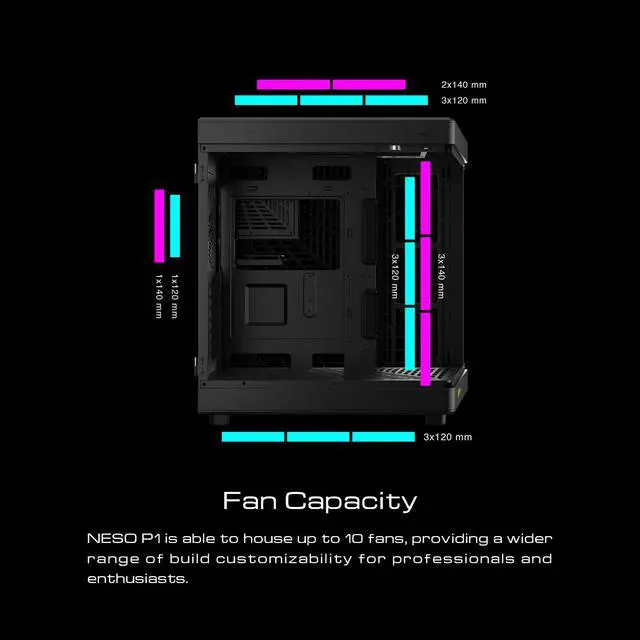 Alt view image 13 of 15 - Gamdias NESO P1, Black, Panoramic Tempered Glass ATX, Dual Chamber, Trapezoid Shaped