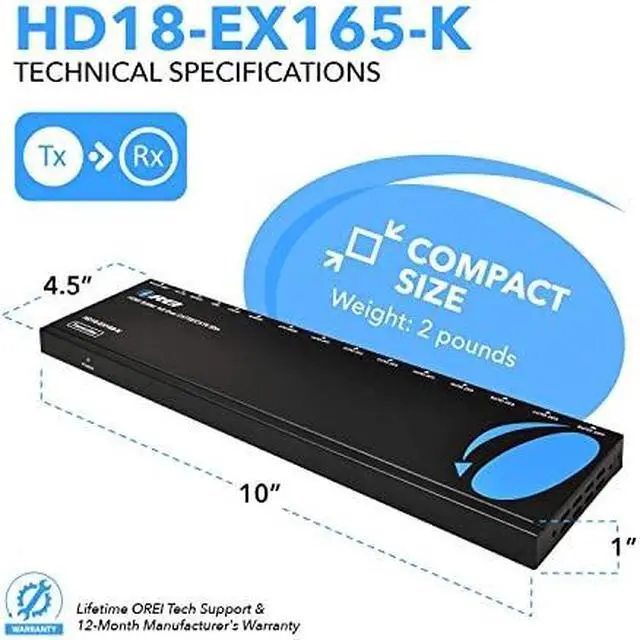 Alt view image 12 of 14 - OREI 1x8 HDMI Extender Splitter Multiple Over Single Cable CAT6/7 1080P With IR Remote EDID Management - Up to 165 Ft - Loop Out - Low Latency - Full Support